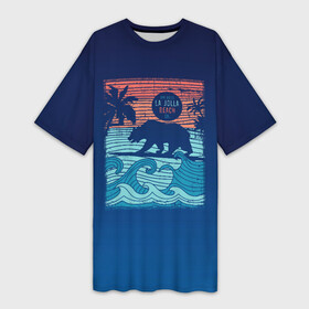 Платье-футболка 3D с принтом Медведь на серфинге в Кировске,  |  | волны | закат | медведь | море | океан | отдых | отпуск | пальмы | серфинг