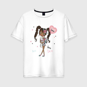 Женская футболка хлопок Oversize с принтом Милая Лола с котиком и шариком в Кировске, 100% хлопок | свободный крой, круглый ворот, спущенный рукав, длина до линии бедер
 | девушка | косички | кот | лола | любовь | малышка | милашка | мультяшка | сердце | шарик
