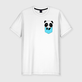 Мужская футболка хлопок Slim с принтом Панда милашка в кармашке в Кировске, 92% хлопок, 8% лайкра | приталенный силуэт, круглый вырез ворота, длина до линии бедра, короткий рукав | животное | карман | малышка | медведь | милашка