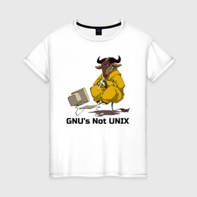 Женская футболка хлопок с принтом GNU’s Not UNIX в Кировске, 100% хлопок | прямой крой, круглый вырез горловины, длина до линии бедер, слегка спущенное плечо | gnu | linux | not unix | programming | гну | линукс | программист | сисадмин | системный администратор