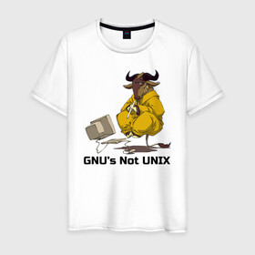 Мужская футболка хлопок с принтом GNU’s Not UNIX в Кировске, 100% хлопок | прямой крой, круглый вырез горловины, длина до линии бедер, слегка спущенное плечо. | gnu | linux | not unix | programming | гну | линукс | программист | сисадмин | системный администратор