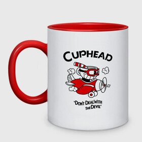 Кружка двухцветная с принтом Cuphead на самолёте в Кировске, керамика | объем — 330 мл, диаметр — 80 мм. Цветная ручка и кайма сверху, в некоторых цветах — вся внутренняя часть | Тематика изображения на принте: cuphead | cuphead and mugman | dont deal with the devil | игры | капхед | самолёт | чашеголовый