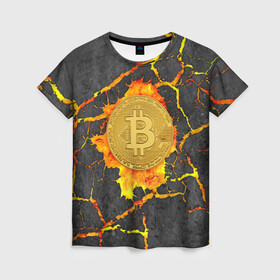 Женская футболка 3D с принтом Вулканический Биткоин в Кировске, 100% полиэфир ( синтетическое хлопкоподобное полотно) | прямой крой, круглый вырез горловины, длина до линии бедер | bitcoin | биткоины | вулкан | крипта | криптовалюта | лава | огонь