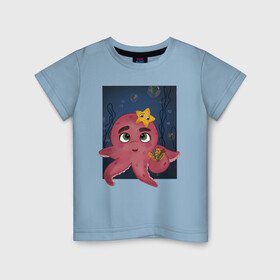 Детская футболка хлопок с принтом Осьминог и морская звезда в Кировске, 100% хлопок | круглый вырез горловины, полуприлегающий силуэт, длина до линии бедер | добрая иллюстрация | дружба | милый | море | морская звезда | морские животные | океан | осьминог | подводный мир