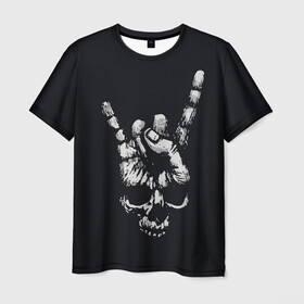 Мужская футболка 3D с принтом Rock Skull в Кировске, 100% полиэфир | прямой крой, круглый вырез горловины, длина до линии бедер | Тематика изображения на принте: rock n roll | skulls | коза | рок | скелет | череп | черепушка