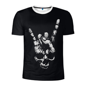 Мужская футболка 3D спортивная с принтом Rock Skull в Кировске, 100% полиэстер с улучшенными характеристиками | приталенный силуэт, круглая горловина, широкие плечи, сужается к линии бедра | Тематика изображения на принте: rock n roll | skulls | коза | рок | скелет | череп | черепушка