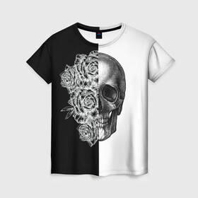 Женская футболка 3D с принтом SkullRose Sketch в Кировске, 100% полиэфир ( синтетическое хлопкоподобное полотно) | прямой крой, круглый вырез горловины, длина до линии бедер | набросок | рисунок карандашом | роза | чб | череп | черепушка | черно белое