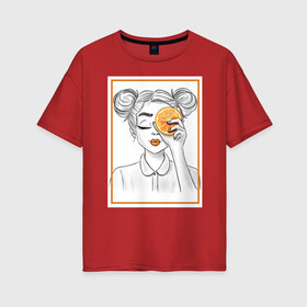 Женская футболка хлопок Oversize с принтом Оранжевое лето в Кировске, 100% хлопок | свободный крой, круглый ворот, спущенный рукав, длина до линии бедер
 | апельсин | девушка | лето | оранжевый | фрукт | черно белый