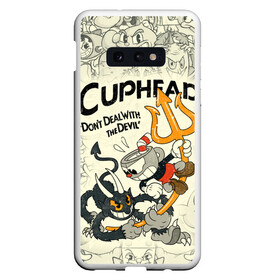 Чехол для Samsung S10E с принтом Cuphead and Devil в Кировске, Силикон | Область печати: задняя сторона чехла, без боковых панелей | cuphead | devil | dont deal with the devil | все персонажи | дьявол | игры | капхед | чашеголовый | черт