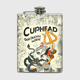 Фляга с принтом Cuphead and Devil в Кировске, металлический корпус | емкость 0,22 л, размер 125 х 94 мм. Виниловая наклейка запечатывается полностью | cuphead | devil | dont deal with the devil | все персонажи | дьявол | игры | капхед | чашеголовый | черт