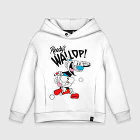 Детское худи Oversize хлопок с принтом Ready? Wallop! Cuphead в Кировске, френч-терри — 70% хлопок, 30% полиэстер. Мягкий теплый начес внутри —100% хлопок | боковые карманы, эластичные манжеты и нижняя кромка, капюшон на магнитной кнопке | cuphead | cuphead and mugman | mugman | ready | wallop | игры | капхед | чашеголовый