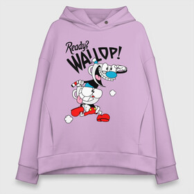 Женское худи Oversize хлопок с принтом Ready? Wallop! Cuphead в Кировске, френч-терри — 70% хлопок, 30% полиэстер. Мягкий теплый начес внутри —100% хлопок | боковые карманы, эластичные манжеты и нижняя кромка, капюшон на магнитной кнопке | Тематика изображения на принте: cuphead | cuphead and mugman | mugman | ready | wallop | игры | капхед | чашеголовый