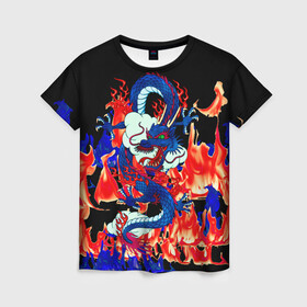 Женская футболка 3D с принтом Огненный Дракон в Кировске, 100% полиэфир ( синтетическое хлопкоподобное полотно) | прямой крой, круглый вырез горловины, длина до линии бедер | akatsuki | beast | dragon | fire | акацуки | дракон | животные | зверь | змей | когти | облако | огонь | узор | чб | японский