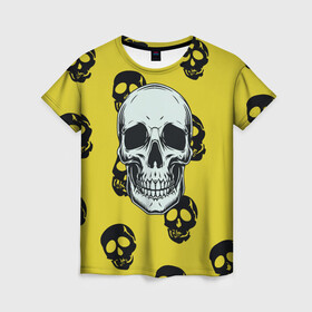 Женская футболка 3D с принтом Yellow Skulls в Кировске, 100% полиэфир ( синтетическое хлопкоподобное полотно) | прямой крой, круглый вырез горловины, длина до линии бедер | skull | желтизна | скелет | скелетон | черепа | черепушки
