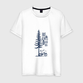 Мужская футболка хлопок с принтом Gooood Idea в Кировске, 100% хлопок | прямой крой, круглый вырез горловины, длина до линии бедер, слегка спущенное плечо. | mtb | байк | велосипед | горы | дерево | лес | мтб | спорт