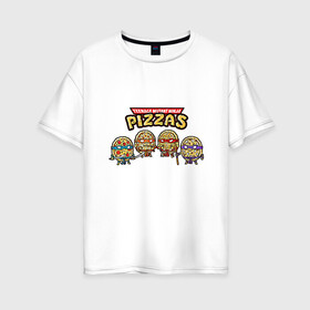 Женская футболка хлопок Oversize с принтом Ninja Pizzas в Кировске, 100% хлопок | свободный крой, круглый ворот, спущенный рукав, длина до линии бедер
 | donatello | leonardo | michelangelo | ninja | pizza | raphael | turtles | донателло | животные | карате | комикс | комиксы | леонардо | микеланджело | мультфильм | мутант | мутанты | ниндзя | пицца | рафаэль | сплинтер | супергерой