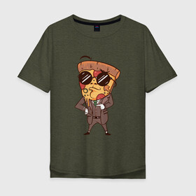 Мужская футболка хлопок Oversize с принтом Пепперони пицца в костюме в Кировске, 100% хлопок | свободный крой, круглый ворот, “спинка” длиннее передней части | art | boss | cheese pizza | cool | funny | mushroom | pepperoni | pizza | pizza lover | retro | агент | арт | в очках | грибы | иллюстрация | люблю пиццу | пицца без ананасов | пицца с ананасами | прикол | ретро | рисунок пиццы | спецагент