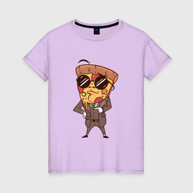 Женская футболка хлопок с принтом Пепперони пицца в костюме в Кировске, 100% хлопок | прямой крой, круглый вырез горловины, длина до линии бедер, слегка спущенное плечо | art | boss | cheese pizza | cool | funny | mushroom | pepperoni | pizza | pizza lover | retro | агент | арт | в очках | грибы | иллюстрация | люблю пиццу | пицца без ананасов | пицца с ананасами | прикол | ретро | рисунок пиццы | спецагент