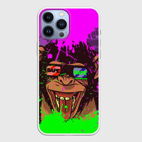 Чехол для iPhone 13 Pro Max с принтом 3D Neon Monkey в Кировске,  |  | Тематика изображения на принте: 3d очки | bapy | brand | chimp | cool paint | fashion | hype beast | japan | neon | paint | trend | анаглиф | байп | байпи | брызги красок | бэйп | бэйпи | камуфляж | купающаяся обезьяна | мода | неон | тренд | хайп бист | хайповый бренд | ш