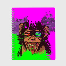 Тетрадь с принтом 3D Neon Monkey в Кировске, 100% бумага | 48 листов, плотность листов — 60 г/м2, плотность картонной обложки — 250 г/м2. Листы скреплены сбоку удобной пружинной спиралью. Уголки страниц и обложки скругленные. Цвет линий — светло-серый
 | Тематика изображения на принте: 3d очки | bapy | brand | chimp | cool paint | fashion | hype beast | japan | neon | paint | trend | анаглиф | байп | байпи | брызги красок | бэйп | бэйпи | камуфляж | купающаяся обезьяна | мода | неон | тренд | хайп бист | хайповый бренд | ш