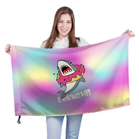 Флаг 3D с принтом Акула с пончиком Сrunch в Кировске, 100% полиэстер | плотность ткани — 95 г/м2, размер — 67 х 109 см. Принт наносится с одной стороны | акула | глазурь | градиент | десерт | зубы | пончик | укус