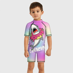 Детский купальный костюм 3D с принтом Акула с пончиком Сrunch в Кировске, Полиэстер 85%, Спандекс 15% | застежка на молнии на спине | Тематика изображения на принте: акула | глазурь | градиент | десерт | зубы | пончик | укус