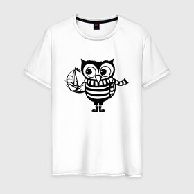 Мужская футболка хлопок с принтом Совенок с корабликом в Кировске, 100% хлопок | прямой крой, круглый вырез горловины, длина до линии бедер, слегка спущенное плечо. | owl | owls | сова | совушка | совы | филин | фраза | юмор