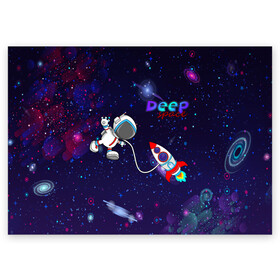 Поздравительная открытка с принтом Deep Space Cartoon в Кировске, 100% бумага | плотность бумаги 280 г/м2, матовая, на обратной стороне линовка и место для марки
 | Тематика изображения на принте: галактика | звёзды | космонавт | космос | полёт | пространство | ракета | скафандр