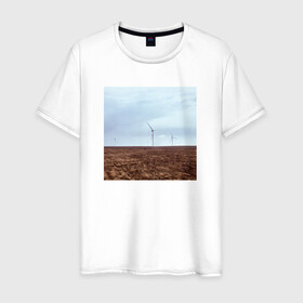 Мужская футболка хлопок с принтом Ветрогенераторы в поле в Кировске, 100% хлопок | прямой крой, круглый вырез горловины, длина до линии бедер, слегка спущенное плечо. | ветрогенератор | день | небо | облака | экология