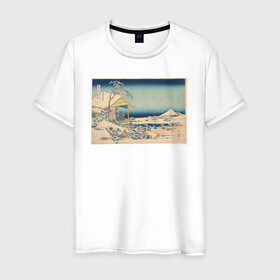 Мужская футболка хлопок с принтом Снежное утро на реке Коисикава в Кировске, 100% хлопок | прямой крой, круглый вырез горловины, длина до линии бедер, слегка спущенное плечо. | кацусики хокусай | тридцать шесть видов фудзи | фудзи | япония | японская графика