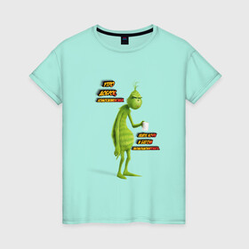 Женская футболка хлопок с принтом Гринч в Кировске, 100% хлопок | прямой крой, круглый вырез горловины, длина до линии бедер, слегка спущенное плечо | гринч | грустный | зеленый | кофе | кружка | мультфильм | утро