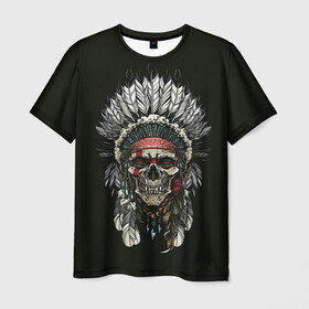 Мужская футболка 3D с принтом Indian Skull в Кировске, 100% полиэфир | прямой крой, круглый вырез горловины, длина до линии бедер | Тематика изображения на принте: skeleton | skulls | вождь | индеец | индия | скелет | череп | черепушка