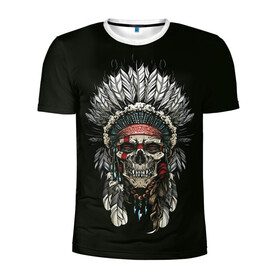 Мужская футболка 3D спортивная с принтом Indian Skull в Кировске, 100% полиэстер с улучшенными характеристиками | приталенный силуэт, круглая горловина, широкие плечи, сужается к линии бедра | skeleton | skulls | вождь | индеец | индия | скелет | череп | черепушка