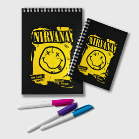 Блокнот с принтом Nirvana 1987 в Кировске, 100% бумага | 48 листов, плотность листов — 60 г/м2, плотность картонной обложки — 250 г/м2. Листы скреплены удобной пружинной спиралью. Цвет линий — светло-серый
 | album | curt | kobain | logo | music | nevermind | nirvana | rock | smells like | smile | teen spirit | альбом | гитара | курт кобейн | логотип | музыка | невермайнд | нирвана | рок | смайл | стикер