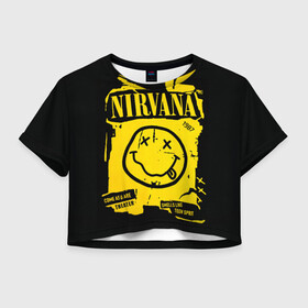 Женская футболка Crop-top 3D с принтом Nirvana 1987 в Кировске, 100% полиэстер | круглая горловина, длина футболки до линии талии, рукава с отворотами | album | curt | kobain | logo | music | nevermind | nirvana | rock | smells like | smile | teen spirit | альбом | гитара | курт кобейн | логотип | музыка | невермайнд | нирвана | рок | смайл | стикер