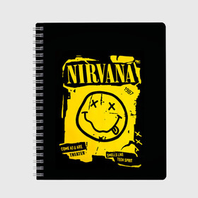 Тетрадь с принтом Nirvana 1987 в Кировске, 100% бумага | 48 листов, плотность листов — 60 г/м2, плотность картонной обложки — 250 г/м2. Листы скреплены сбоку удобной пружинной спиралью. Уголки страниц и обложки скругленные. Цвет линий — светло-серый
 | album | curt | kobain | logo | music | nevermind | nirvana | rock | smells like | smile | teen spirit | альбом | гитара | курт кобейн | логотип | музыка | невермайнд | нирвана | рок | смайл | стикер