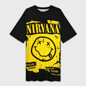 Платье-футболка 3D с принтом Nirvana 1987 в Кировске,  |  | album | curt | kobain | logo | music | nevermind | nirvana | rock | smells like | smile | teen spirit | альбом | гитара | курт кобейн | логотип | музыка | невермайнд | нирвана | рок | смайл | стикер