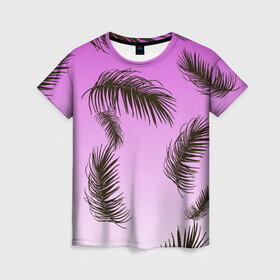 Женская футболка 3D с принтом Тропический Закат в Кировске, 100% полиэфир ( синтетическое хлопкоподобное полотно) | прямой крой, круглый вырез горловины, длина до линии бедер | tropics | горизонт | закат | лето | листья | листья пальмы | пальма | пляжная | рассвет | тропики