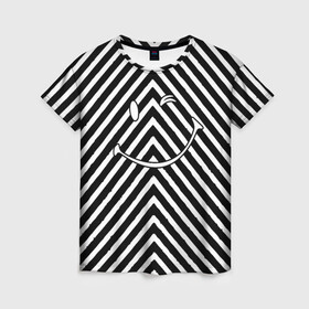 Женская футболка 3D с принтом Ulybaka BlackWhite в Кировске, 100% полиэфир ( синтетическое хлопкоподобное полотно) | прямой крой, круглый вырез горловины, длина до линии бедер | emoji | диагональ | мем | мемный | полосатый | полосы | смайл | смайлик | улыбака | чб | черно белая | эмоджи