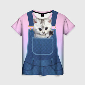 Женская футболка 3D с принтом Котенок в кармане в Кировске, 100% полиэфир ( синтетическое хлопкоподобное полотно) | прямой крой, круглый вырез горловины, длина до линии бедер | в кармане | в кармашке | животные | комбинезон | кот | котенок | котик | кошка