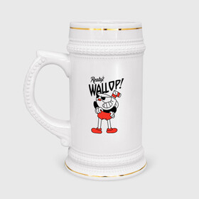 Кружка пивная с принтом Cuphead: Ready? Wallop! в Кировске,  керамика (Материал выдерживает высокую температуру, стоит избегать резкого перепада температур) |  объем 630 мл | cuphead | cuphead and mugman | mugman | ready | wallop | игры | капхед | чашеголовый