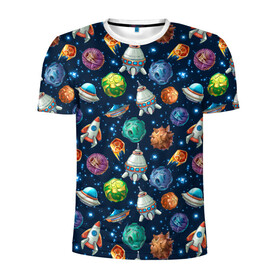 Мужская футболка 3D спортивная с принтом Мультяшные планеты в Кировске, 100% полиэстер с улучшенными характеристиками | приталенный силуэт, круглая горловина, широкие плечи, сужается к линии бедра | space | арт | звезды | корабли | космос | планеты | ракеты | созвездия