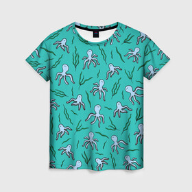 Женская футболка 3D с принтом Осьминоги и водоросли в Кировске, 100% полиэфир ( синтетическое хлопкоподобное полотно) | прямой крой, круглый вырез горловины, длина до линии бедер | nature | ocean | octopus | вода | водоросли | детям | животные | зелень | кальмар | лето | море | морские жители | мультяшный | мятный | океан | острова | осьминоги | отдых | отпуск | пляж | под водой | природа