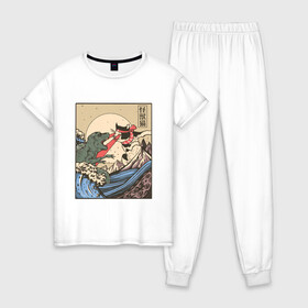 Женская пижама хлопок с принтом Cat Kong versus Godzilla Kaiju в Кировске, 100% хлопок | брюки и футболка прямого кроя, без карманов, на брюках мягкая резинка на поясе и по низу штанин | catzilla | japan | kitty | poster parody | samurai | ukiyo e | wave | арт | большая волна | гигантский котёнок | гигантский монстр | годзилла против кинг конга | кайдзю | кот | котзилла | котик | котята | пародия на постер