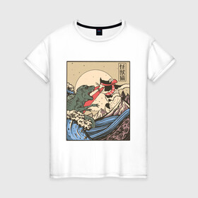 Женская футболка хлопок с принтом Cat Kong versus Godzilla Kaiju в Кировске, 100% хлопок | прямой крой, круглый вырез горловины, длина до линии бедер, слегка спущенное плечо | catzilla | japan | kitty | poster parody | samurai | ukiyo e | wave | арт | большая волна | гигантский котёнок | гигантский монстр | годзилла против кинг конга | кайдзю | кот | котзилла | котик | котята | пародия на постер