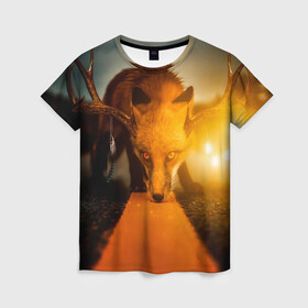 Женская футболка 3D с принтом Лиса с рогами оленя в Кировске, 100% полиэфир ( синтетическое хлопкоподобное полотно) | прямой крой, круглый вырез горловины, длина до линии бедер | fox | foxy | животное | звери | лиса | лисенок | лисичка | милая | рыжая | фокс