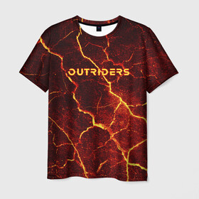 Мужская футболка 3D с принтом OUTRIDERS в Кировске, 100% полиэфир | прямой крой, круглый вырез горловины, длина до линии бедер | outriders | земля | игра | лава | пиромант | текстура | трещины