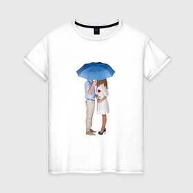 Женская футболка хлопок с принтом Любовь в Кировске, 100% хлопок | прямой крой, круглый вырез горловины, длина до линии бедер, слегка спущенное плечо | женщина | зонтик | любовь | мужчина | пара
