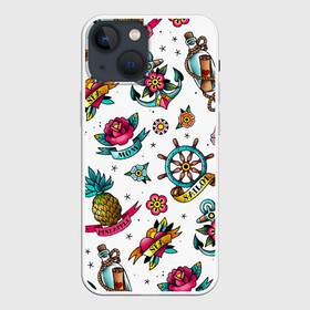 Чехол для iPhone 13 mini с принтом Old school Sailor в Кировске,  |  | mom | old | old school sailor | pineapple | sailor | school | sea | ананас | бутылка | записка | карта | корабль | мама | моряк | моряк старой школы | набор | орнамент | путешествие | роза | розы | сердце | старая школа