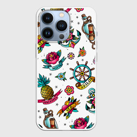 Чехол для iPhone 13 Pro с принтом Old school Sailor в Кировске,  |  | mom | old | old school sailor | pineapple | sailor | school | sea | ананас | бутылка | записка | карта | корабль | мама | моряк | моряк старой школы | набор | орнамент | путешествие | роза | розы | сердце | старая школа